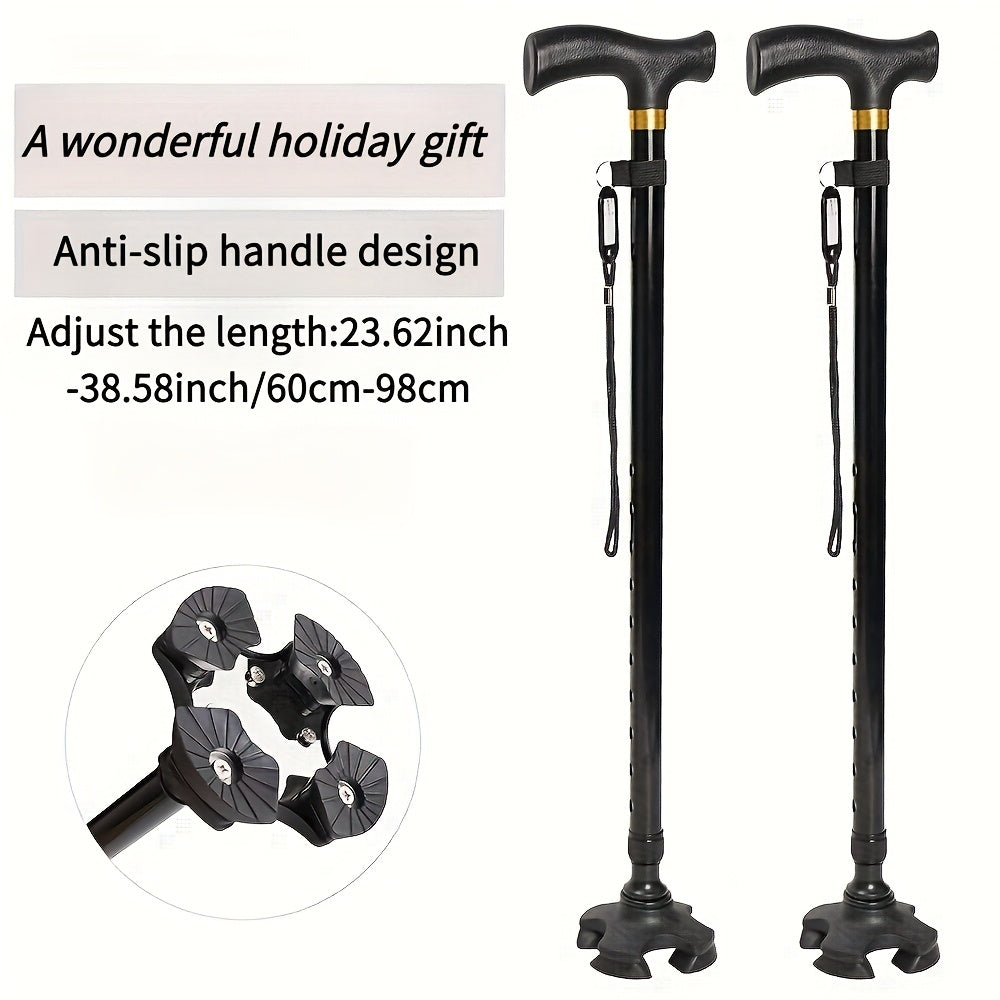 Pair of adjustable black quad canes with T-handle, wrist strap and four-point anti-slip rubber base, 60-98 cm