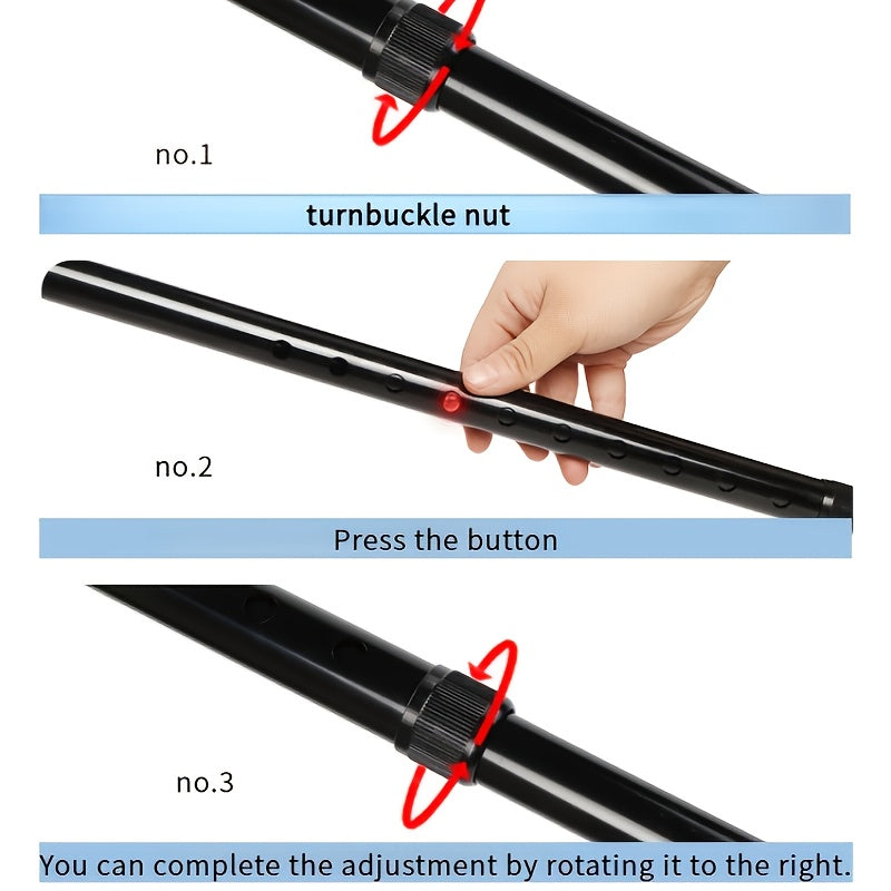 Three-step height adjustment: loosen the turnbuckle, press the button, turn right to lock