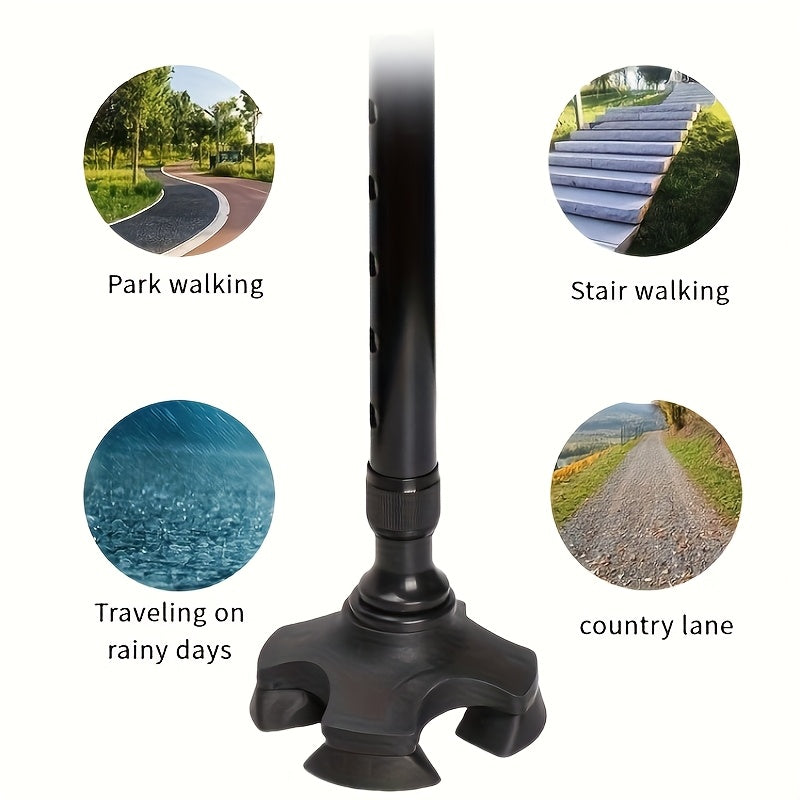 Quad cane in use for park walking, stair walking, rainy-day travel and country lanes